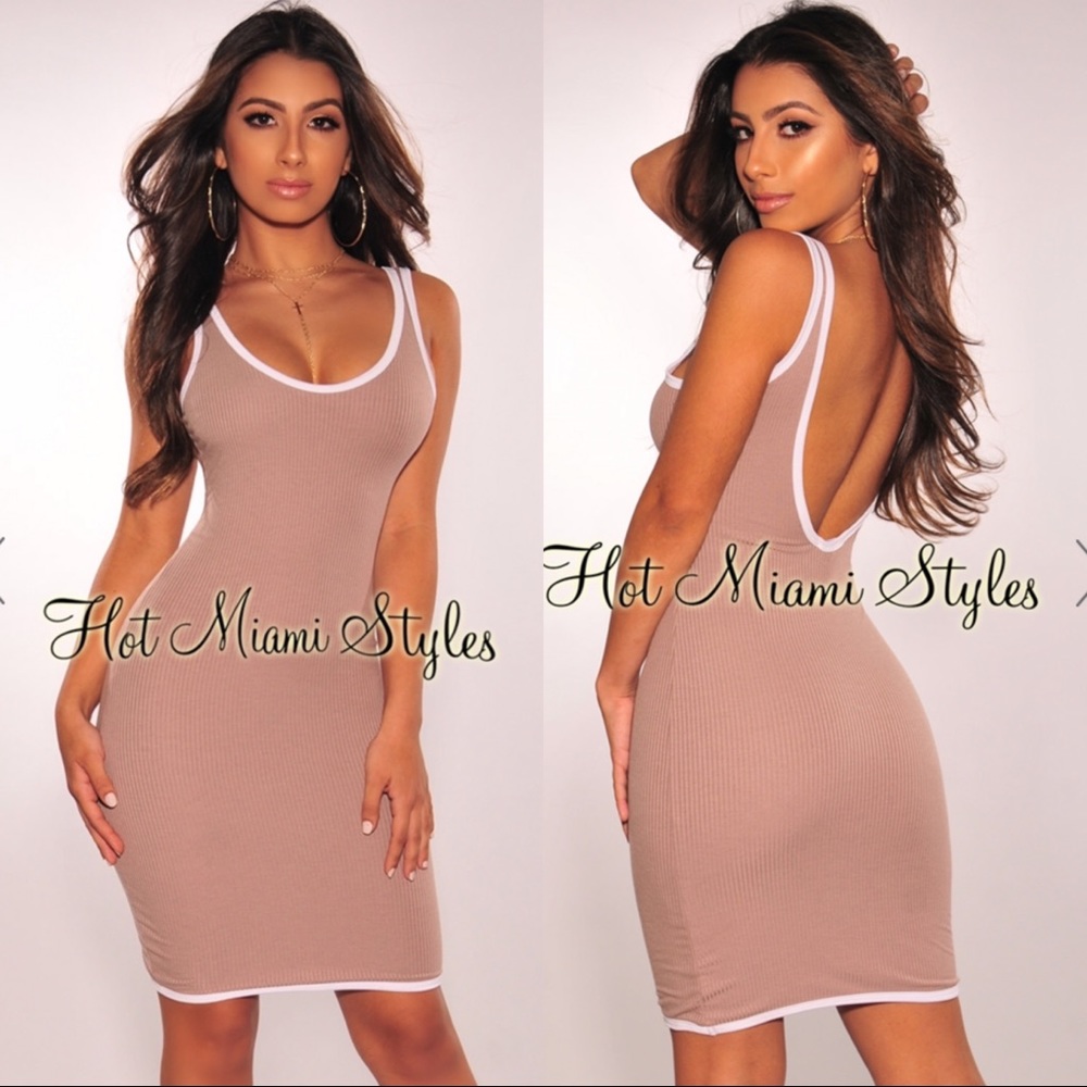 HOTMIAMISTYLES Taupe White Trim Ribbed Low Back Tank Dress